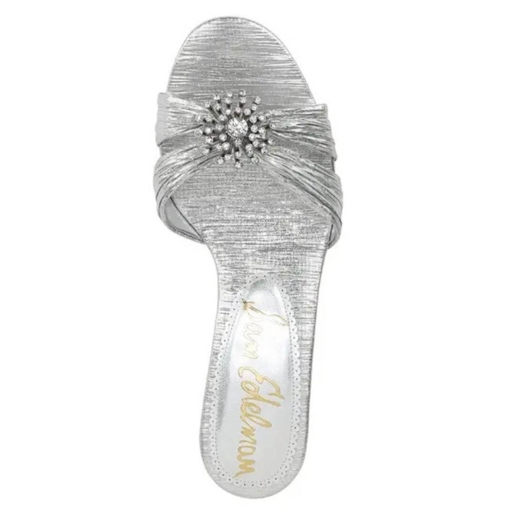 Sam Edelman Cindie Silver Plisse Kitten Heel Mules Sandals‎ Women Size 8.5 M NIB